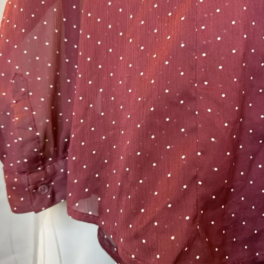 Eddie Bauer L Burgundy Long Sleeve Semi‎ Sheer Blouse Button Up Polka Dots - Picture 5 of 16